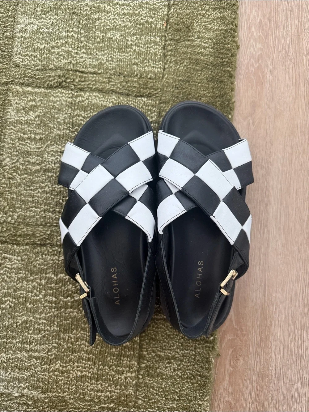 Alohas Size 40 US 10 black white checker marshmallow scacchi sling back sandals - Picture 1 of 3